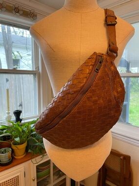 Woven Leather Fanny Pack Sling Bag - Brown